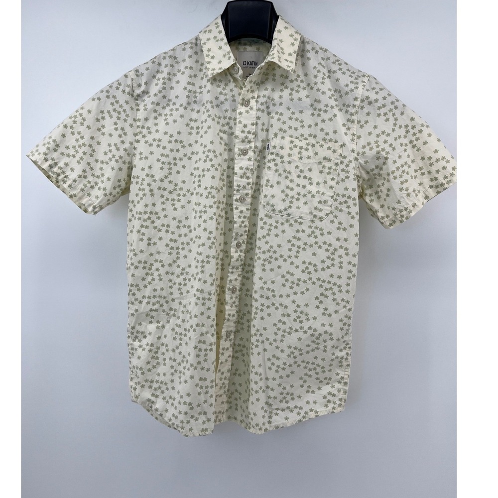 Katin Button Down Shirt Mens Small Cream Green Floral Short Sleeve Surf Pocket